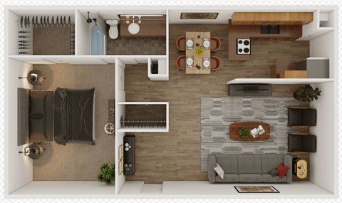 Floor plan for 1 bed, 1 bath, 690 sqft